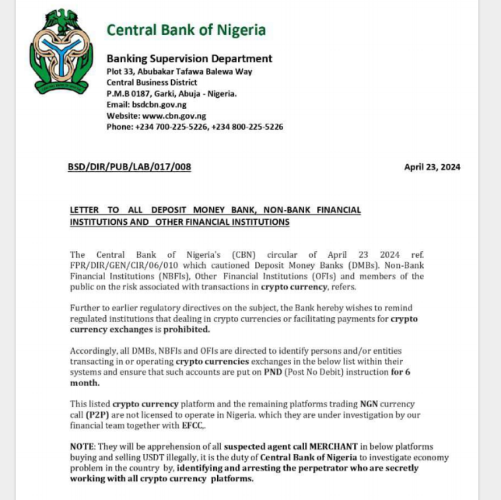 crypto related circular by Central Bank of Nigeria