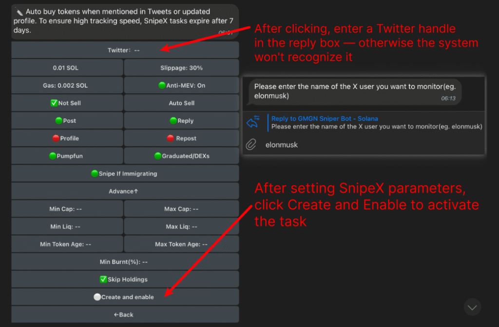 SnipeX Tutorial Settings Telegram