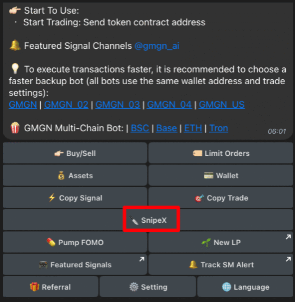 SnipeX Telegram Bot Tutorial GMGN