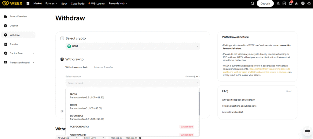 WEEX Withdrawal Method And Fees Review
