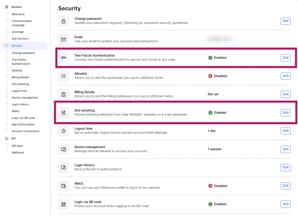 Whitebit settings review