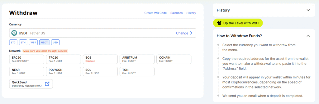 WhiteBIT USDT Withdrawal Fees