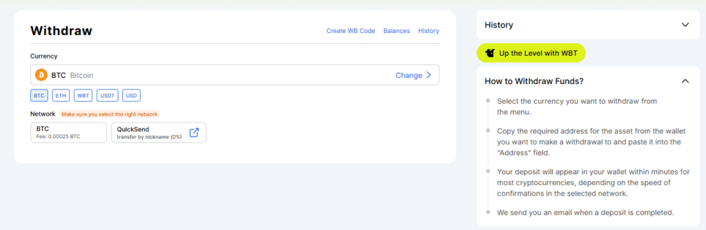 WhiteBIT Bitcoin Withdrawal Fees