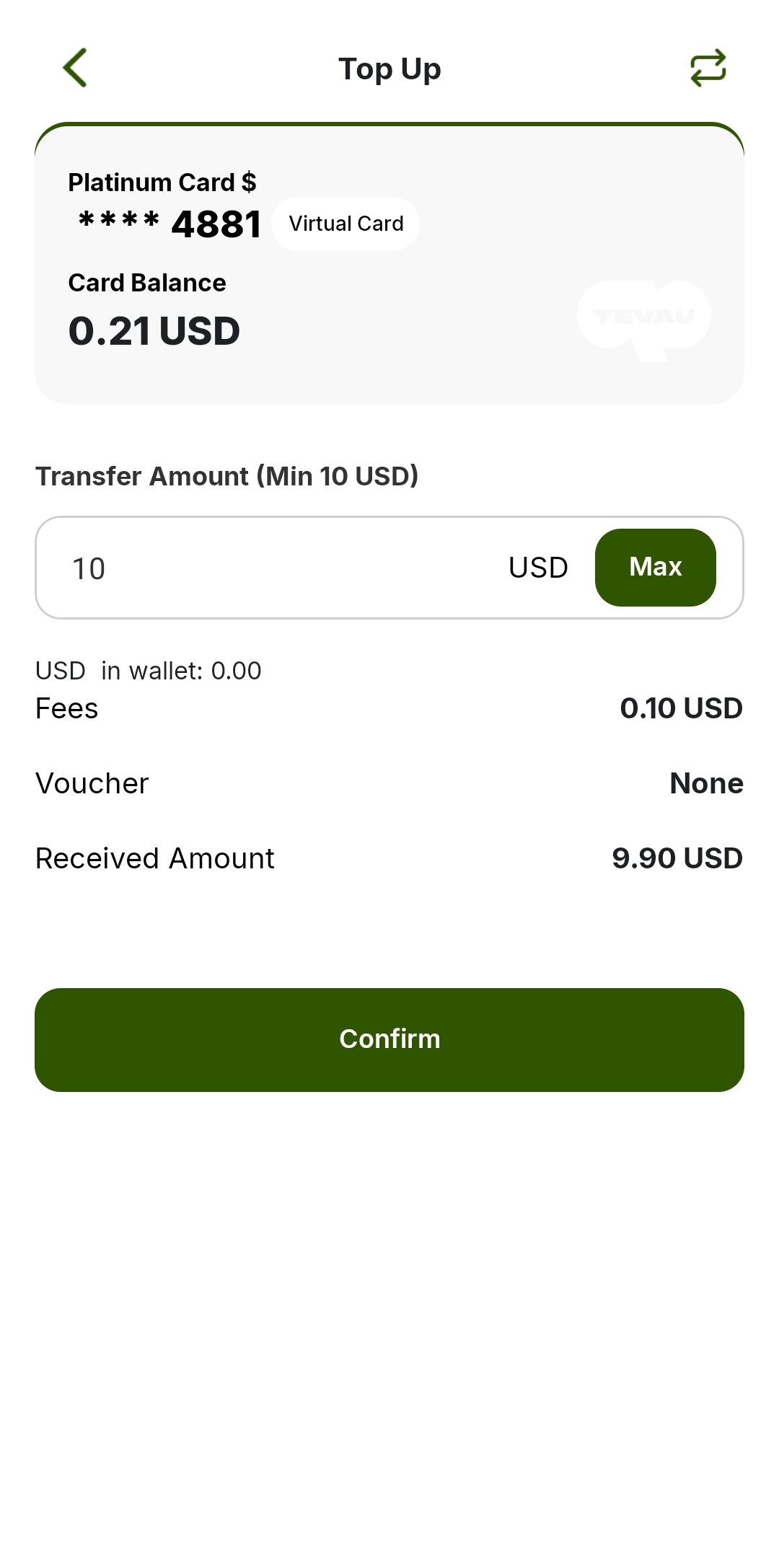 Tevau Virtual Card TopUp Fees