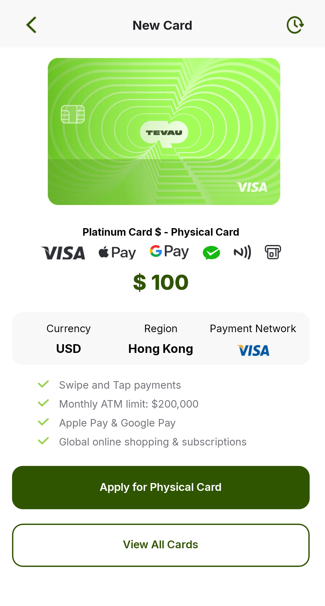 Tevau Physical Card Fees