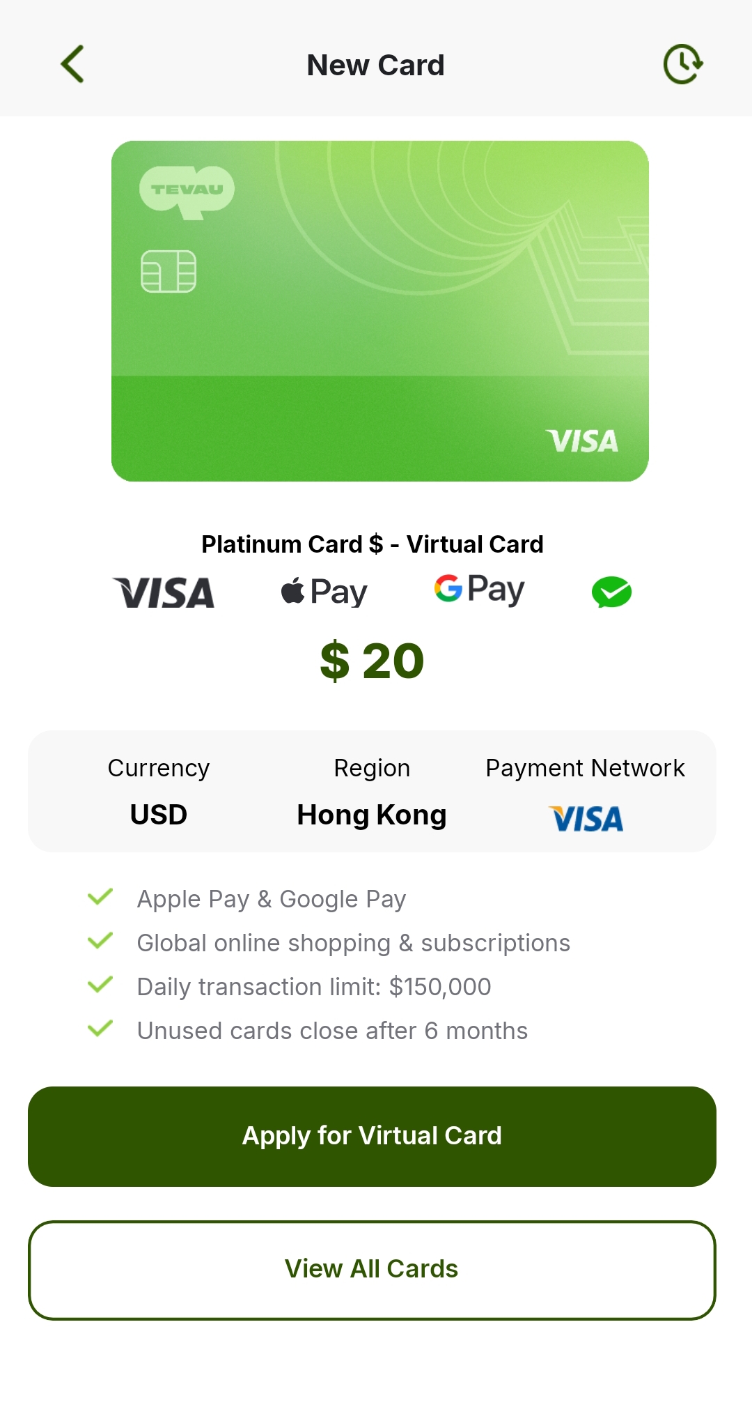 Tevau Virtual Debit Card Fees